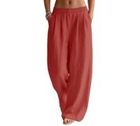 Rapbin Leinenhose Damen Sommer Hose Casual Weite Bein Freizeithose Elegant Einfarbig Sommerhose Leichte Leinen Stoffhose mit Taschen Schmutziges Orange L