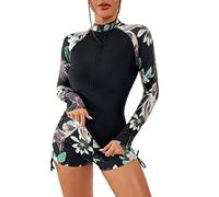 Rash Guard Damen Langarm Badeanzug Uv Schutzkleidung Schwimmshirt Sport Sonnenschutz Zweiteiler Schwimmanzug Bademode Shirt Und Shorts Blume Tankini Badeshorts Surfanzug (Blumen,S)