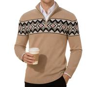 Rave on Friday Half Zip Pullover Herren Norweger Pullover mit Stehkragen 1/4 Zip Neck Fair Isle Strickpullover Herren Troyer Slim Fit Winterpullover Khaki XXL