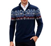 Rave on Friday Herren Half Zip Pullover Norweger Strickpullover Fair Isle Stehkragen Pullover Troyer Herren Winterpullover Slim Fit Sweater Marineblau M