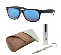 Ray-Ban RB2132 New Wayfarer Flash SONNENBRILLEN-SET | Exklusiv-Etui und Care-Kit | Matte Black/Blue Flash