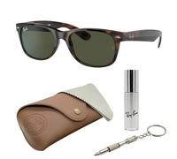 Ray-Ban RB2132 SMALL New Wayfarer quadratische Sonnenbrille, BRILLEN-SET | Exklusiv-Etui und Care-Kit | Polished Tortoise/G15 Green
