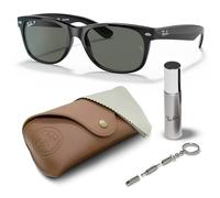 Ray-Ban RB2132 SMALL New Wayfarer quadratische Sonnenbrille, BRILLEN-SET | Exklusiv-Etui und Care-Kit | Polished Black/Polarized Green | Größe Small
