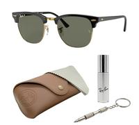 Ray-Ban RB3016 Clubmaster | SONNENBRILLEN-SET | Exklusiv-Etui und Care-Kit | Polished Black on Gold/Polarized G-15 Green