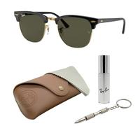Ray-Ban RB3016 X-Large Clubmaster SONNENBRILLEN-SET | Exklusiv-Etui und Care-Kit | Polished Black on Gold/G-15 Green