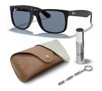 Ray-Ban RB4165 Justin Color Mix Sonnenbrille für Damen und Herren, quadratisch, mit offiziellem Rayban Brillen-Set, Schwarzer Rahmen aus mattem Gummi, polarisierte, blaue verspiegelte Gläser, 55 mm