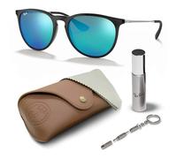 Ray-Ban RB4171 Erika Color Mix Phantos geformte Sonnenbrille für Damen und Herren, mit offiziellem Rayban Brillen-Set, Polierter schwarzer Rahmen, blaue verspiegelte Gläser, 54 mm
