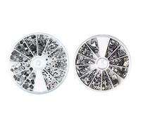 Rayher 15130801 Hotfix Strasssteine aus Glas, 2-5 mm ø gemischt & 38643606 Hotfix Metall-Nieten, silber, 2,5-10 mm, Formenmix, 12 Formen, selbstklebende Bügelnieten in runder Sortierbox mit Fächern