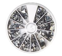 Rayher Hobby 38643606 Hotfix Metall-Nieten, silber, 2,5-10 mm, Formenmix, 12 Formen, selbstklebende Bügelnieten in runder Sortierbox mit Fächern, gesamt 420 Nieten