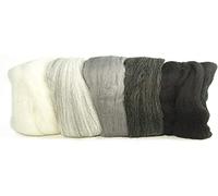 RAYHER HOBBY 5364900 Filzwolle, Merinowolle, Kammzug, fein, 19 mic, 5 Farben je 10g, Schwarz-Weiß-Grau, 100% Schafschurwolle zum Filzen, 50g