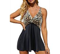 Rayson Damen Tankini Zweiteilige Bademode mit V Ausschnitt Push up Badeanzug Blumen Strand Mode Badeanzüge Drucken Badekleider Bauchweg(Schwarzer Leopardendruck,XXL)