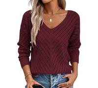 Razzlebelle Bordeaux Pullover Damen Herbst Langarm V Ausschnitt Ausgefallene Winter Warmer Strick Kuschel Moderne Lochstrick Strickpullover