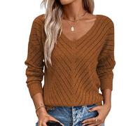 Razzlebelle Braun Pullover Damen Herbst Langarm V Ausschnitt Ausgefallene Winter Warmer Strick Kuschel Moderne Lochstrick Strickpullover