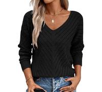 Razzlebelle Schwarzer Pullover Damen Herbst Langarm V Ausschnitt Ausgefallene Winter Warmer Strick Kuschel Moderne Lochstrick Strickpullover