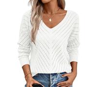 Razzlebelle Weiß Pullover Damen Herbst Langarm V Ausschnitt Ausgefallene Winter Warmer Strick Kuschel Moderne Lochstrick Strickpullover