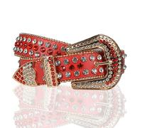 RBUDSPOLF Neuheit Ledergürtel Strass Gürtel Für Frauen Männer Cowgirl Cowboy Nieten Leder 1,5 "(38 Mm) Breiter Gürtel Für Jeans Hosen/Red/125Cm/Waist:42"~44"
