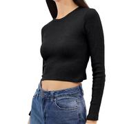 Re Tech UK Süßes geripptes Langarm-Crop-Top für Damen aus Baumwolle - ideal für den täglichen Gebrauch - für den Winter und im Sommer drüber, Schwarz , L Kurz