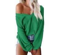 ReachMe Schulterfreies Damen-Oberteil, langärmelig, Waffelstrick, übergroße Schultern, Pullover, 00 GRÜN, Mittel