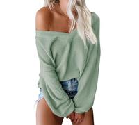 ReachMe Schulterfreies Damen-Oberteil, langärmelig, Waffelstrick, übergroße Schultern, Pullover, 00 Light Sage, Mittel