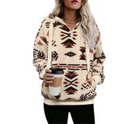 ReachMe Übergroßer Sherpa-Pullover für Damen, mit Taschen, flauschiges Fleece, Buffalo-Plaid, flauschiger Mantel, A1 Aztec Beige, S