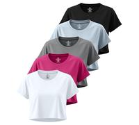 Real Essentials 5er Pack: Damen Dry Fit Crop Top - Kurzärmeliges Stretch-T-Shirt mit Rundhalsausschnitt (erhältlich in Übergröße), Set 2, Klein
