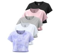 Real Essentials 5er-Pack: Damen Dry Fit Crop Top - Kurzarm Rundhalsausschnitt Stretch Athletic Tee (erhältlich in Übergröße), 6 Stück, Mittel