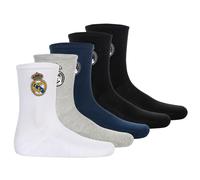 Real Madrid Kinder Socken, 5er Pack - Tennis Embroidery Socks, Emblem-Logo gestickt, Baumwollmischung, einfarbig Weiß/Schwarz/Dunkelblau/Grau 27-30