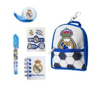 Real Madrid Mini Schreibset, Inklusive aus Stift, Rucksack Schlüsselanhänger, Notizbuch, Aufklebern und Washi-Tape, Geschenkset für Jungen