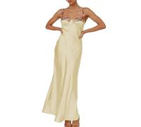 Realtix Sexy Satin-Spaghettiträger-Maxikleid mit Blumenstickerei, Herzausschnitt, rückenfrei, ärmellos, Schlitz-Midikleid, Gänsegelb, Klein