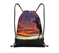 Red Deer Bull Elch Sunset Printed Drawstring Bags Gym Sport Travel Drawstring Backpack String Bag for Men Women, Black, Medium