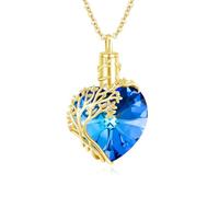 REDSUN 18K Gold Lebensbaum Herz Urnenkette für Asche Damen 925 Sterling Silber Urne Anhänger mit Blauer Kristall Halskette Baum des Lebens Memorial Cremation Anhänger Schmuck für Frauen