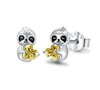 REDSUN 925 Sterling Silber Faultier Ohrstecker mit Gelb Herz-Zirkonia -Tier Schmuck für Mädchen, Geschenke für Frauen, Töchter Mütter