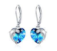 REDSUN Delfin Ohrringe S925 Sterling Silber Herz Delfin Ohrhänger Damen Mädchen Kristall Hängend Schmuck Leverback Geschenk für Freundin Tochter Kinder Mutter Mama Geburtstagsgeschenk Weihnachten