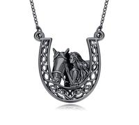 REDSUN Mädchen und Pferd Halskette 925 Sterling Silber Hufeisen Anhänger Schwarz Pferd Kette Pferde Schmuck Geschenke für Frauen Mädchen Tochter Kinder