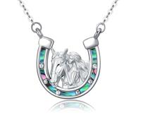 REDSUN Pferde Kette 925 Sterling Silber Mädchen und Pferd Halskette Hufeisen Anhänger mit Abalone Muschel Mädchen und Pferd Halskette Pferde Schmuck Geschenke für Damen Mädchen Tochter Kinder