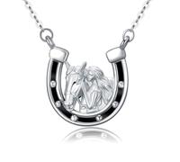 REDSUN Pferde Kette 925 Sterling Silber Mädchen und Pferd Halskette Hufeisen Anhänger mit Onyx Mädchen und Pferd Halskette Pferde Schmuck Geschenke für Damen Mädchen Tochter Kinder