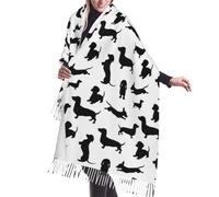 ReesEt Dackel Hunde Schwarzer Damen-Schal mit Fransen, großer weicher Kaschmir-Schal, Tücher, leichte Stola, 196 x 68 cm