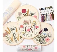 REEWISLY Stickset für Anfänger, 4 Sets, Hand-DIY-Kreuzstich-Set, 4 Stickrahmen, 4 Stück Pflanzen, Blumen-Stickmuster und Fäden, einfach für Stickerei-Anfänger zu lernen