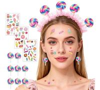 Regenbogen Haarreif Lollipop, Candy Haarreifen Mädchen Haarreif Fasching Damen Kinder Haarband Stirnband mit Süßigkeiten Gesichtstattoo Lollipop Anhänger Candy Girl Karneval Kostüm Cosplay Accessoires
