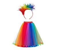 Regenbogen Tüllrock Damen, Regenbogen Rock Damen Tüll mit Bunt Feder Stirnband, Regenbogen Rock Damen Tüll, Regenbogen Kostüm Damen für Karnevalspartys und Bühnenauftritt