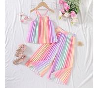 Regenbogen-übergangsfarbe-mädchen-pleated Spaghetti-träger-bauchfreies Top Mit Wide-leg Pants Sommer-outfit