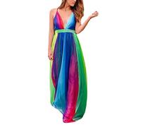 Regenbogenkleider for Frauen, tiefes V,schulterfrei,rückenfrei,Spaghettiträger tüllrock Sommer,Strand,sexy Maxikleider (Color : Rainbow, Size : L)