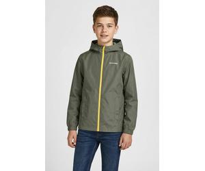 Regenjacke JACK & JONES JUNIOR "JJEFLYNN RAIN JACKET SN JNR", Jungen, Gr. 128, grün (dusty olive detail:solar power), Web, Obermaterial: 100% Polyester, unifarben mit Farbeinsatz, regular fit normal,