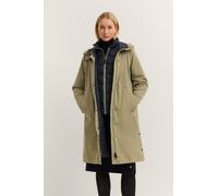 Regenmantel BUGATTI "Rainseries", Damen, Gr. 38, beige (140, moos), 100% Polyester, unifarben, regular fit, Bündchen, Mäntel, wasserabweisend, Kapuze, Westen-Einsatz (90809055-38) 140, moos