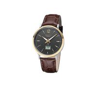 Regent Funkarmbanduhr FR-244 - Edelstahl/Leder, Silber-Gold-Braun, 40mm, Analog-Digital, 3Bar