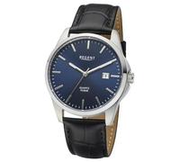 REGENT F-1679 Herrenuhr Edelstahl Silberfarben, Blaues Sunray Zifferblatt, Lederband Schwarz Kroko Look, Quarzwerk, Datum, 39 mm, 10 ATM