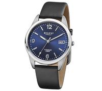 REGENT F-1680 Herrenuhr Titan Grau Blaues Sunray Zifferblatt Lederband Schwarz 36 mm Quarz 5 ATM