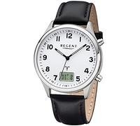 Regent Herren Funkuhr URBA446 BA-446 – Edelstahl/Leder Silber-Schwarz 39mm Analog-Digital 5Bar