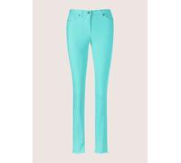 Regular-fit-Jeans MADELEINE "Jeans Mid Waist Skinny-Hose mit Fransen", Damen, Gr. 21, N + K Gr, grün (türkisblau), Obermaterial: 92% Baumwolle CO. 6% Polyester PES. 2% Elasthan EL., Modern, normal, Je