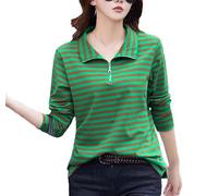 REHJJDFD Gestreiftes Langarm-Poloshirt für Damen, bedruckt, Baumwolle, Reißverschluss, verstellbarer Hals, lässiges Poloshirt, En8, X-Large